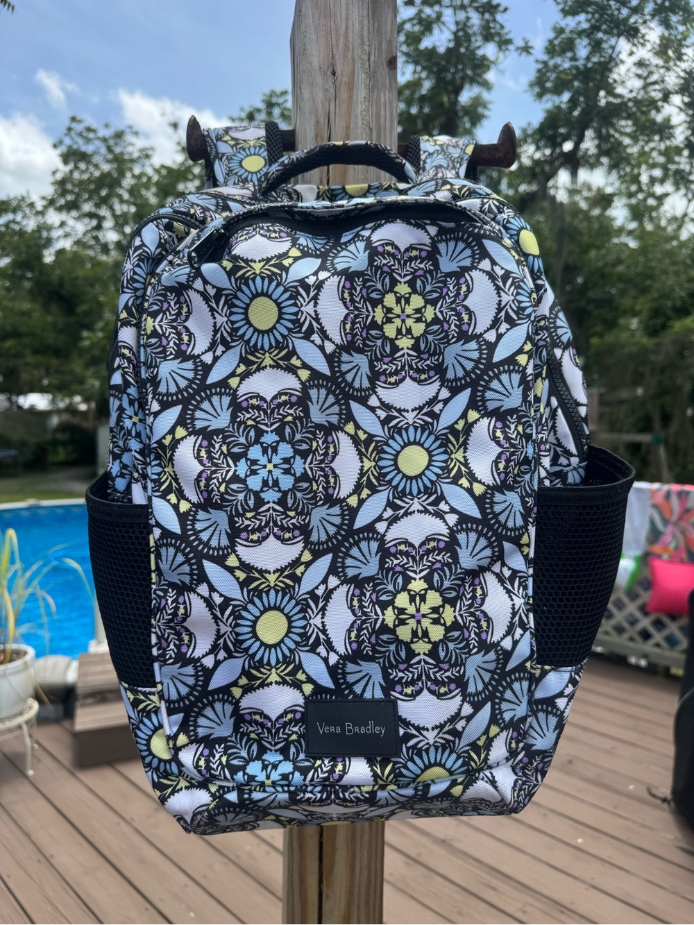 Vera Bradley Black Backpack with Light Blue & Pale Yellow Floral Mosaic